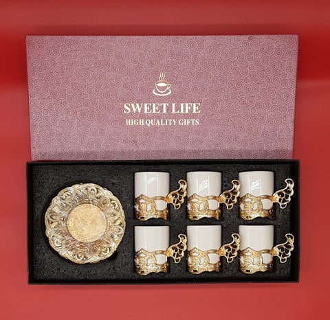 Sweet Life Set of 6 White Porcelain Coffee Cups with metal Saucers, gold color, 12 piece