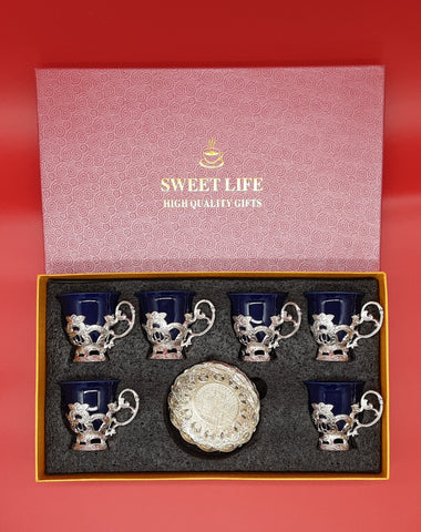 Sweet Life Set of 6 Blue Porcelain Coffee Cups with silver metal Saucers, 12 piece