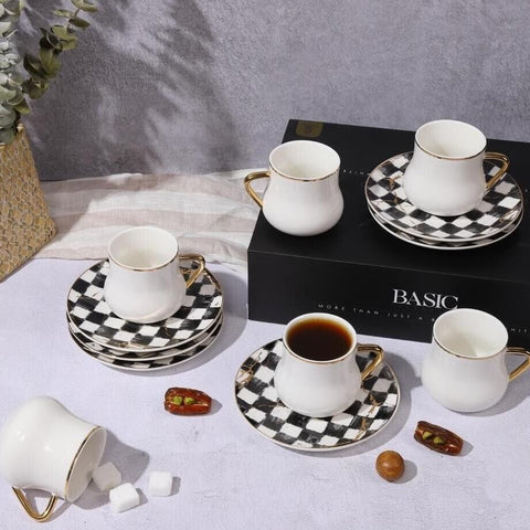 Otantik 12-Piece Bone China Coffee Cups, with checkered Saucers